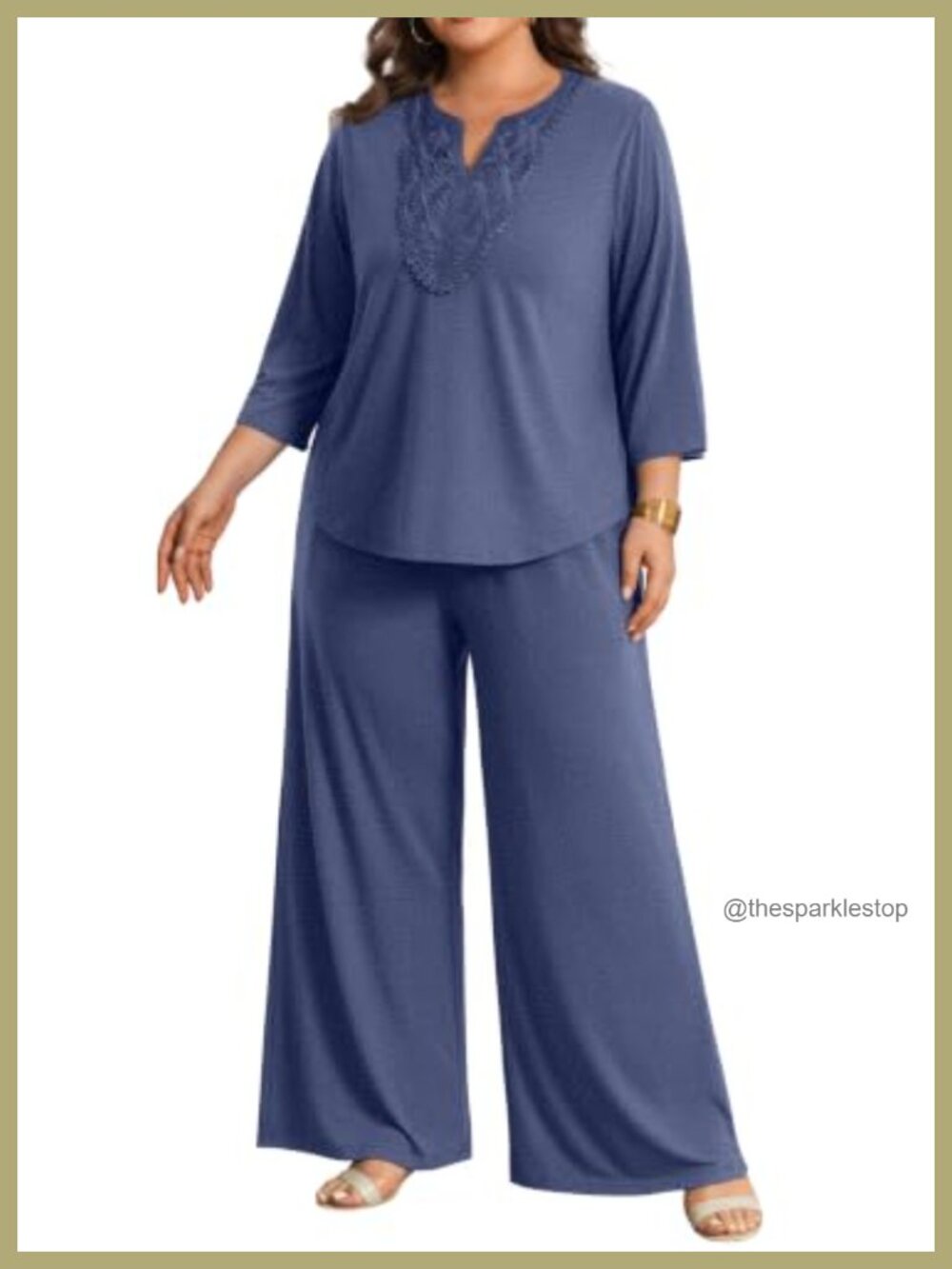 Plus Size 2 Piece Lounge Set 3/4 Sleeve V Neck Top Wide Leg Pants